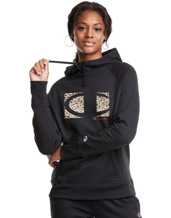 Sudadera Con Capucha Champion Mujer - Powerblend Fleece Leopard Colorblock Logo ( Negras ) 0145963-L